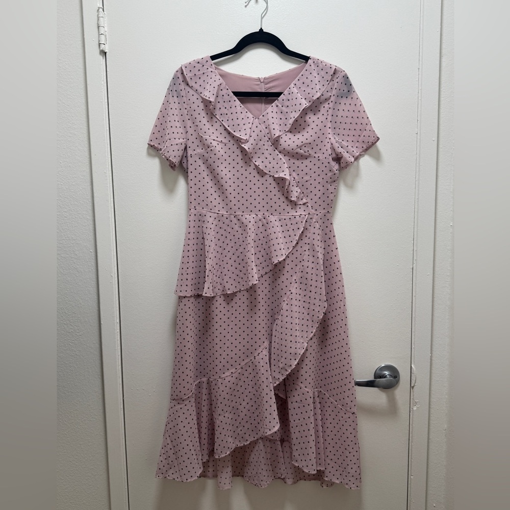 (New) Elegant Pink Polka Dot Ruffle Dress, midi dress